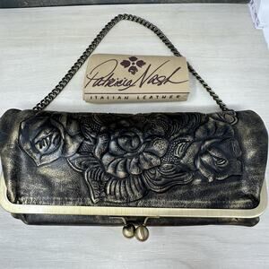 Patricia Nash Bosa Floral Embossed Framed Black Gold Leather Foldover Clutch